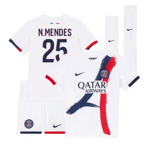 Fotballdrakt Barn Paris Saint-Germain Nuno Mendes #25 Bortedraktsett 2024-25 Kortermet (+ Korte bukser)